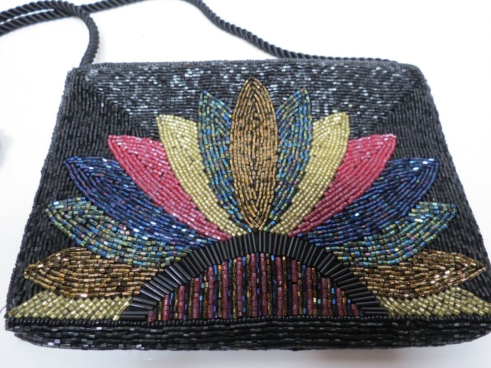 Black Multicolor Beaded Flower or Sunrise Evening Bag Clutch Purse w/ Zipper